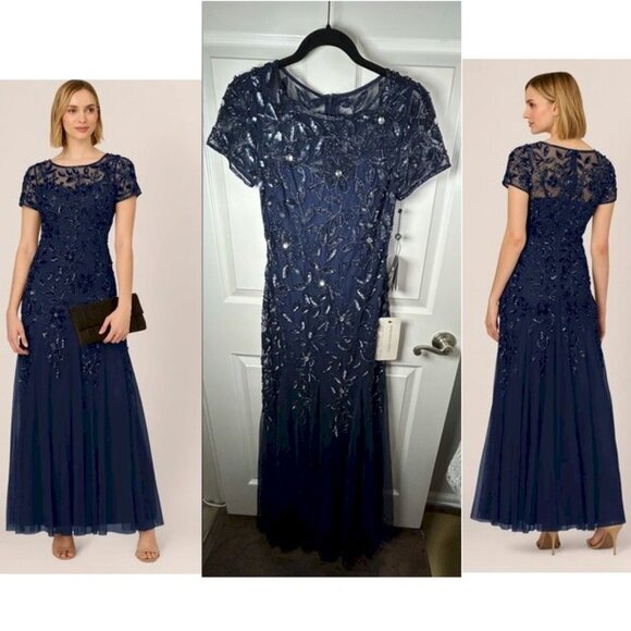 Adrianna Papell Beaded Short Sleeve Floral Godet Gown Midnight Navy Size 0 NWT - Picture 1 of 14